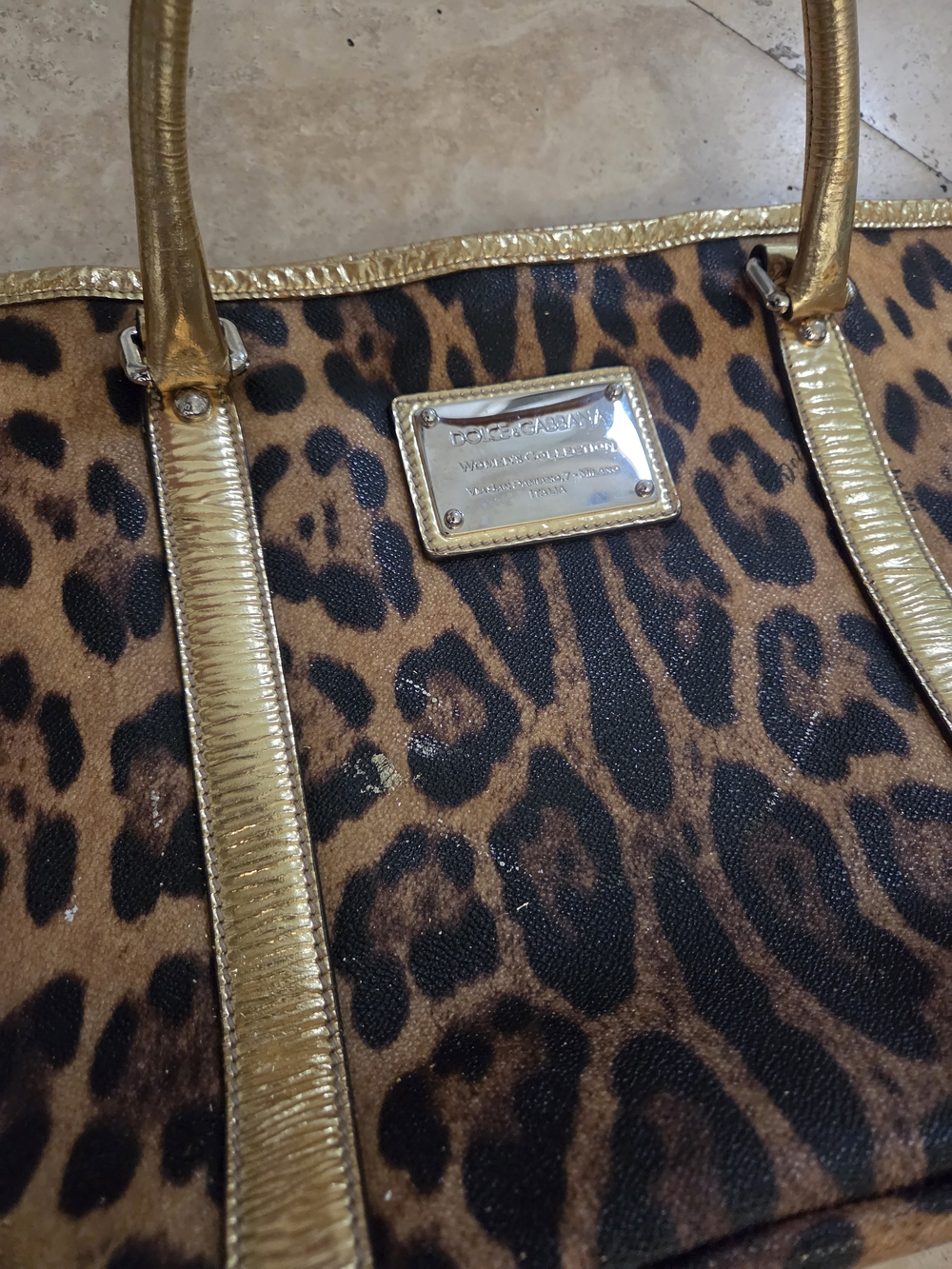 Dolce & Gabbana Leopard Print Tote Bag Gold Leather Trim Logo Plate Y2k - Picture 8 of 12